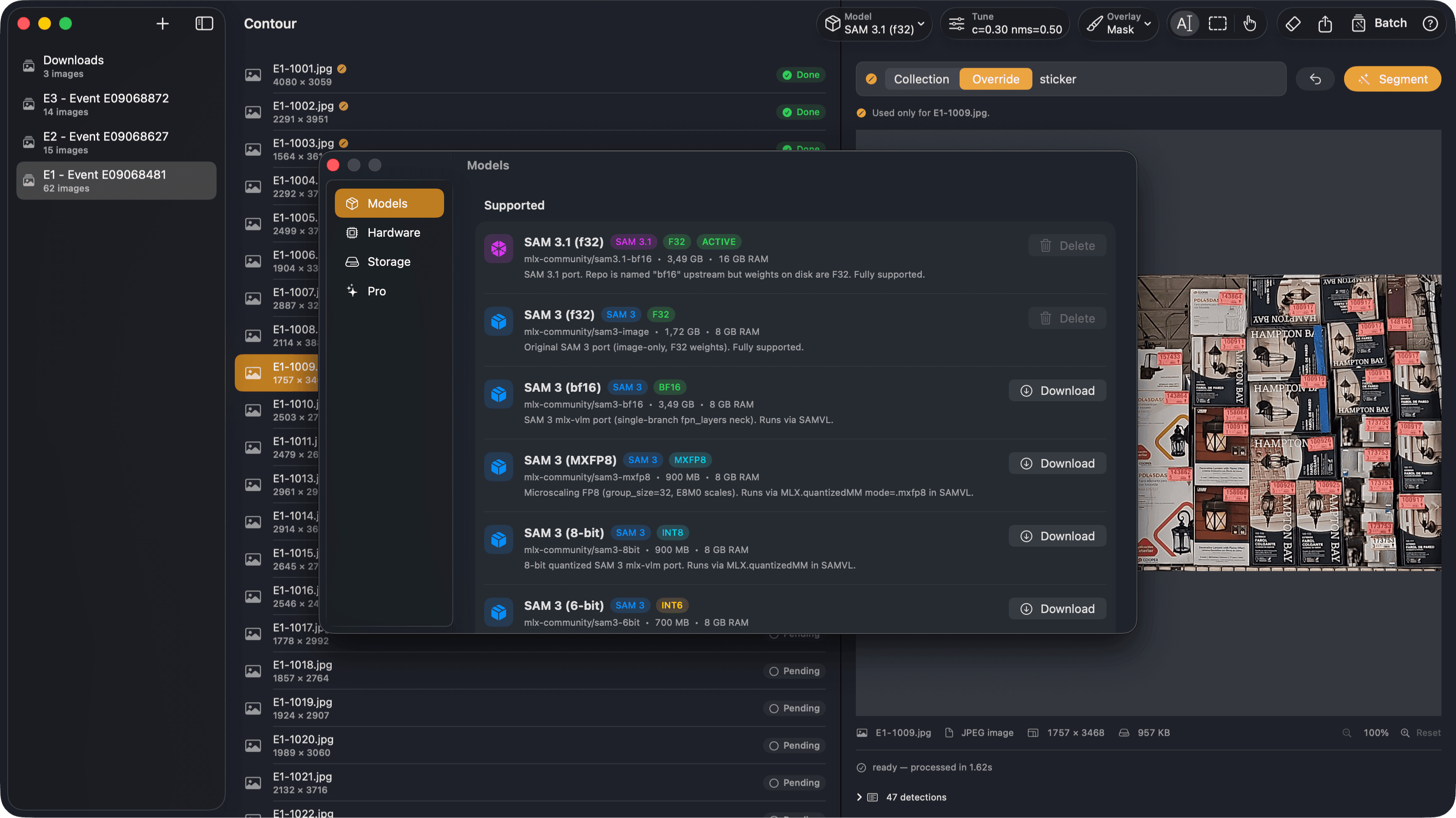 Model manager — Pick precision, download once, run offline.