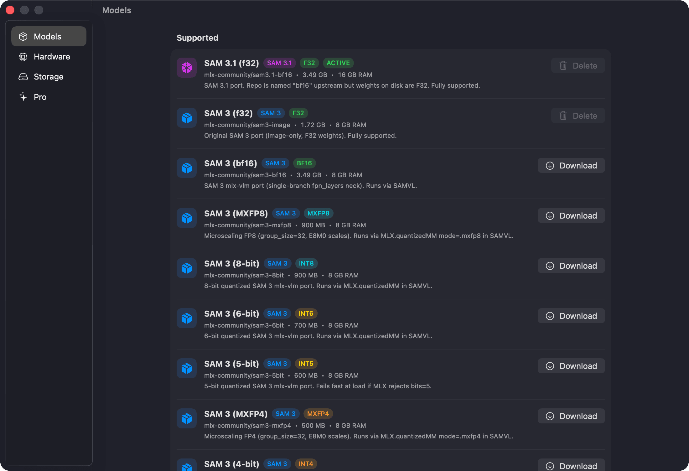 Model manager — Pick precision, download once, run offline.
