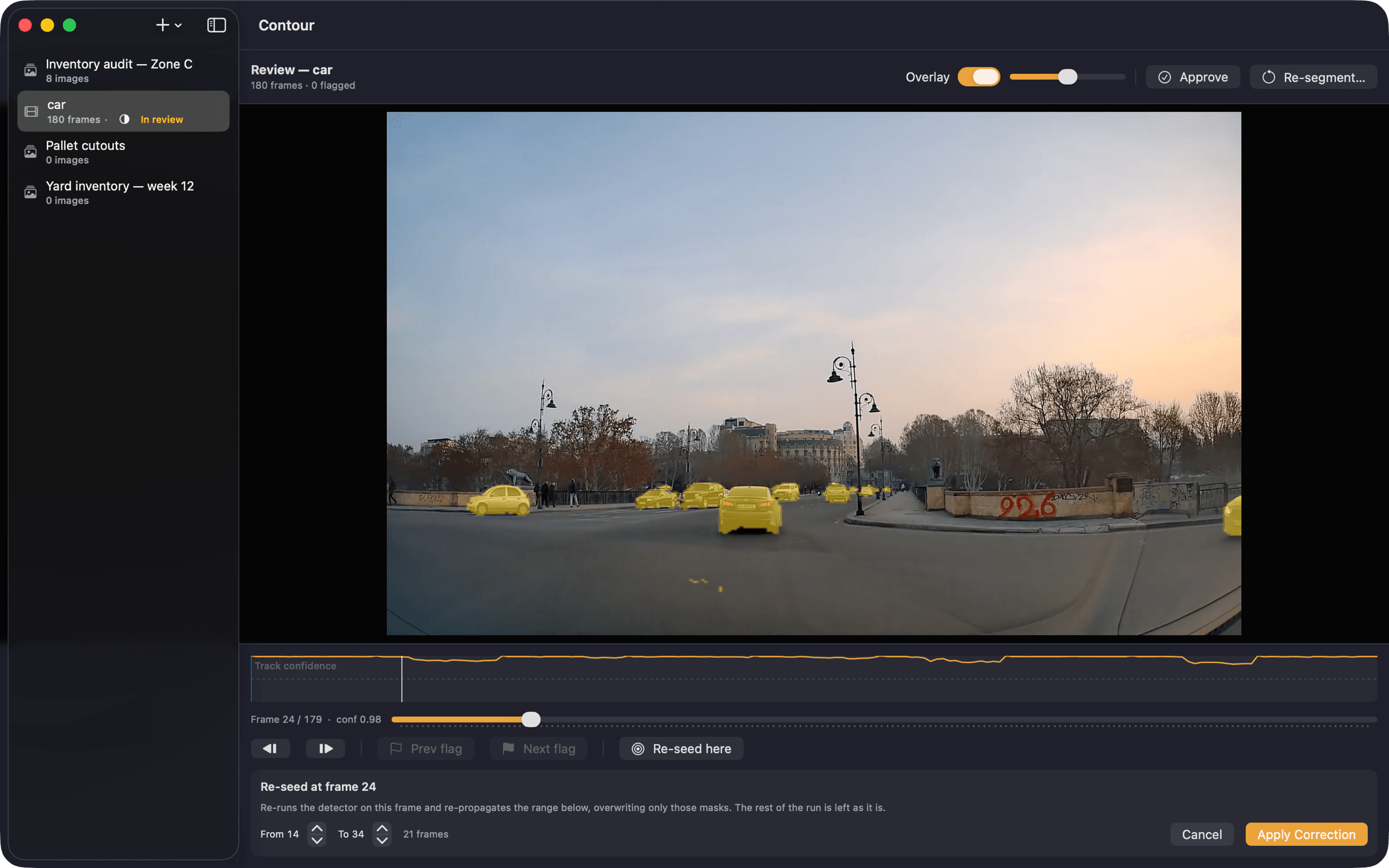 Video review — Scrub the clip, read confidence, jump to flagged frames.